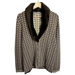 Vintage Nordstrom Faux Fur Collar Cardigan Brown XL Old Money Mobwife